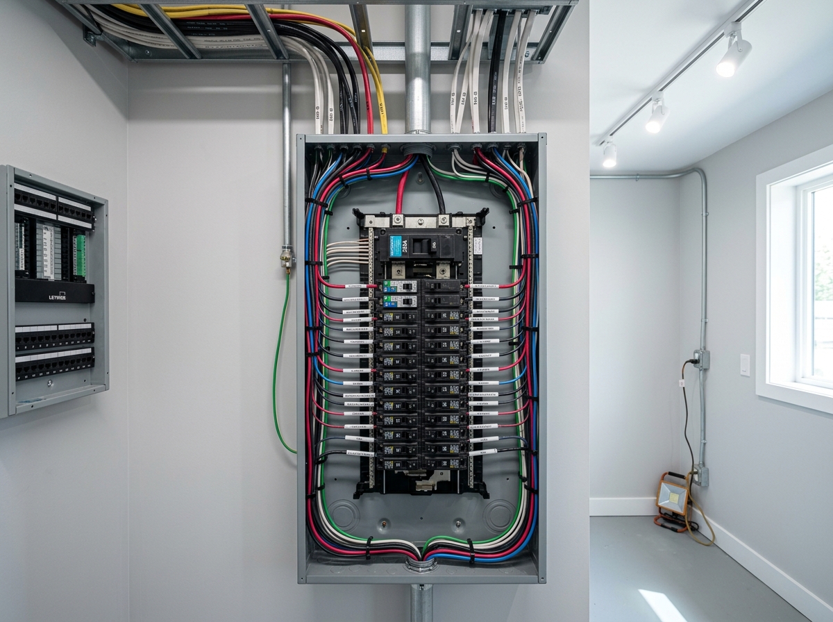 Modern clean electrical panel and breaker installation
