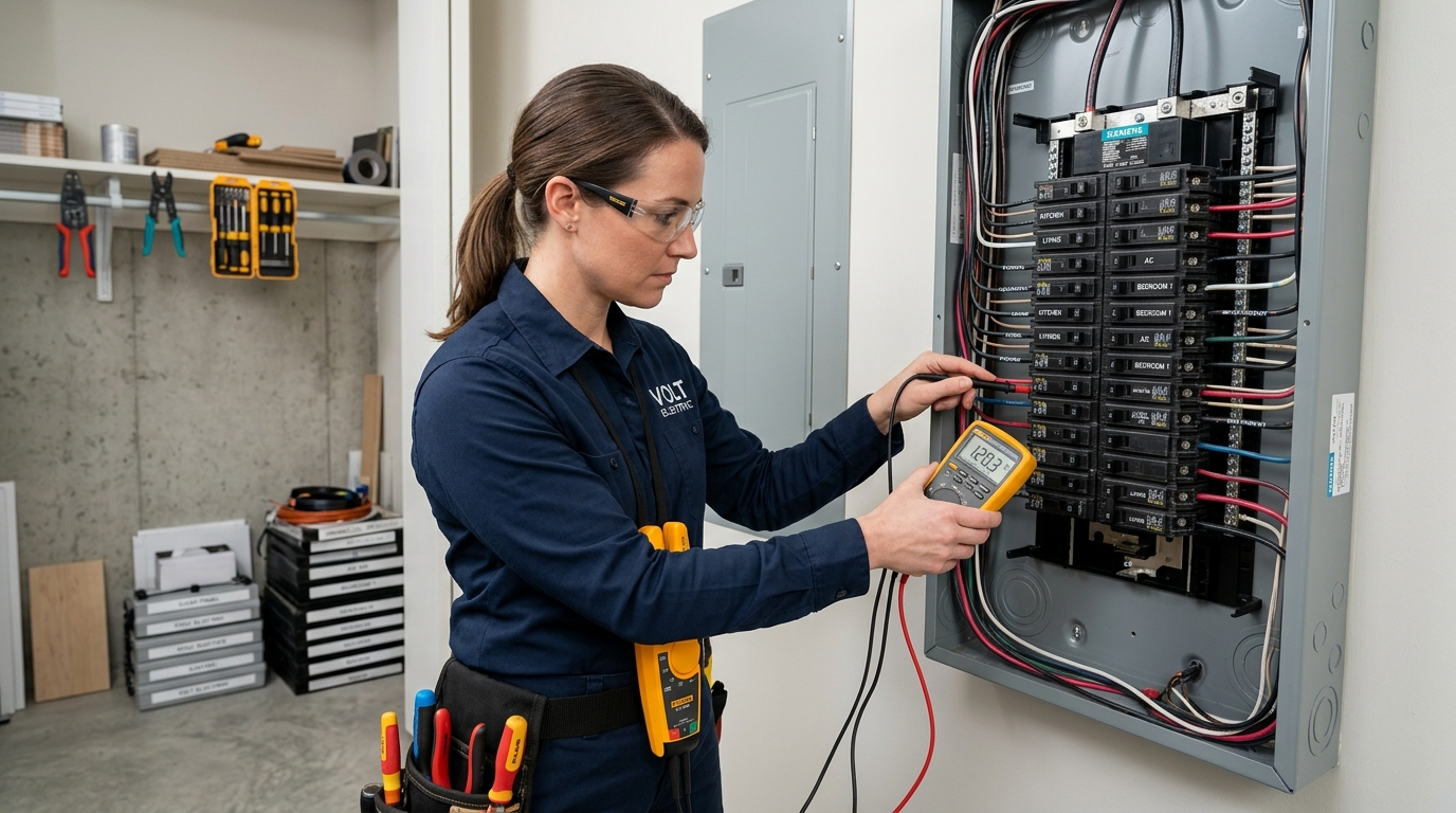 Electrician testing circuit breaker panel with multimeter in Austin